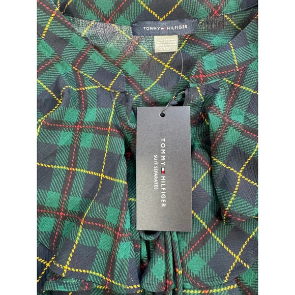 NWT Tommy Hilfiger Women's XL Green Plaid Ruffle Tie Neck Blouse Wrinkle Free - Picture 8 of 10